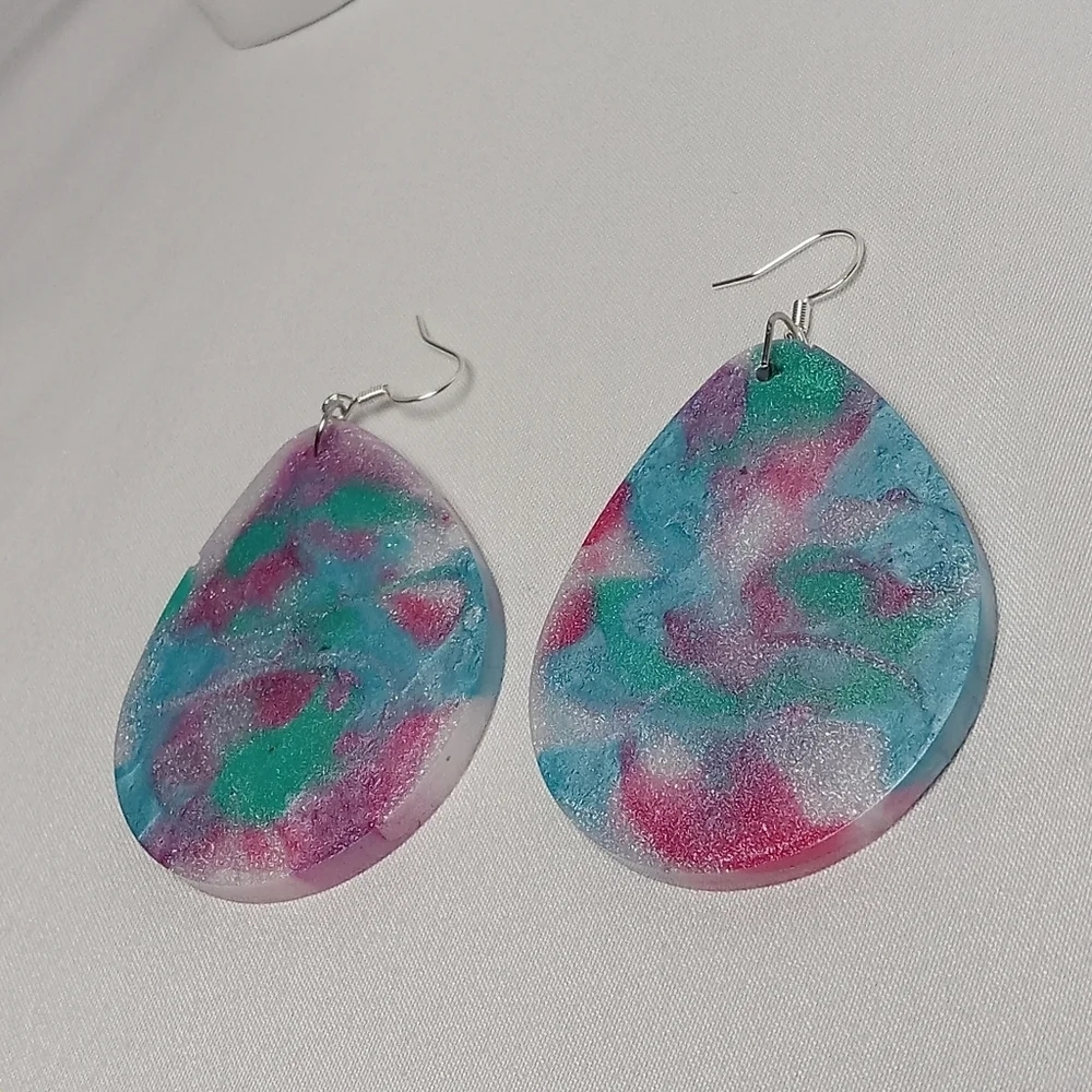 Hand Crafted Pink and Green Teardrop Earrings - Picture 2 of 4